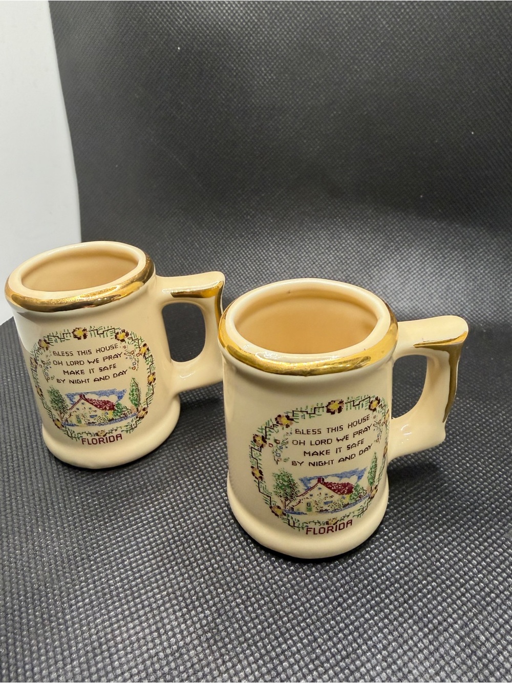 Vintage Florida Mini Mug Set Made in Japan Bless This House Gold Trim